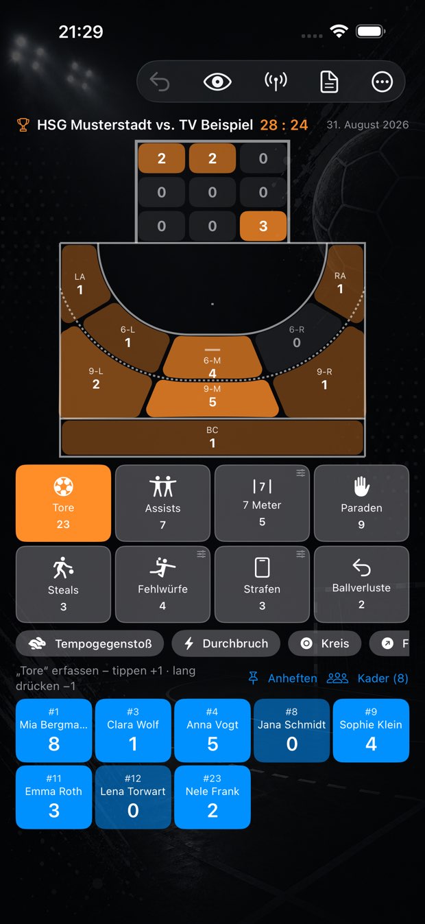 Spielansicht mit Spielstand 28:24: Torzonen-Raster, Wurfpositionen auf dem Feld und Statistik-Knöpfe für Tore, Assists, 7 Meter und Paraden.