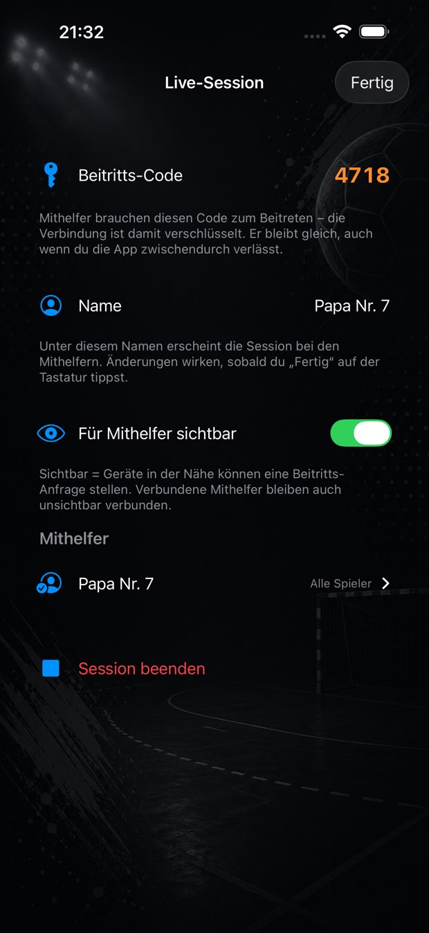 Live-Session mit Beitritts-Code und Liste der verbundenen Mithelfer.